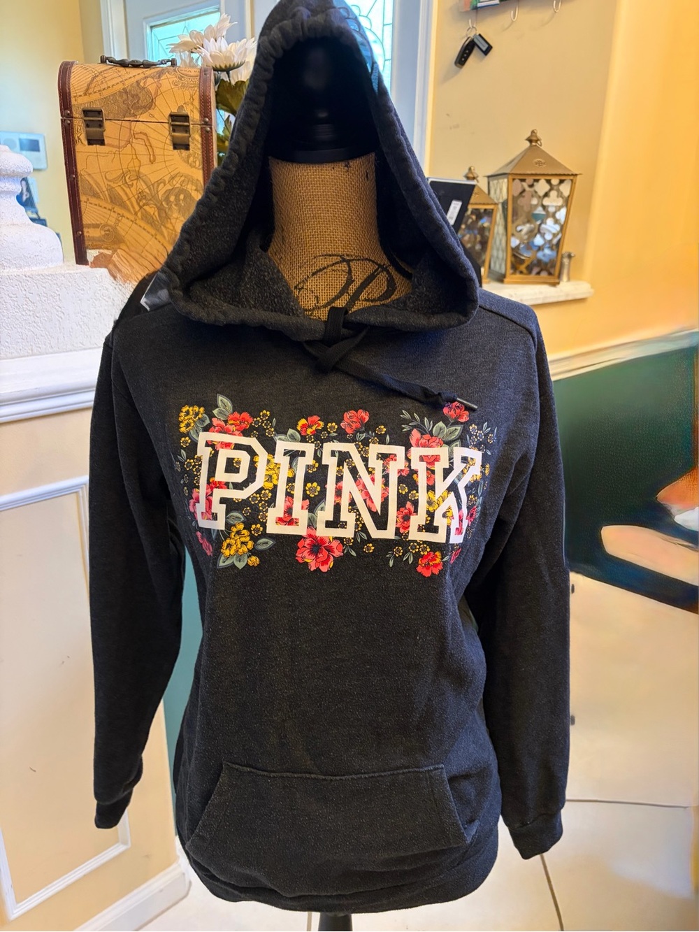 PINK Victoria's Secret dark Gray Floral Logo Hoodie
